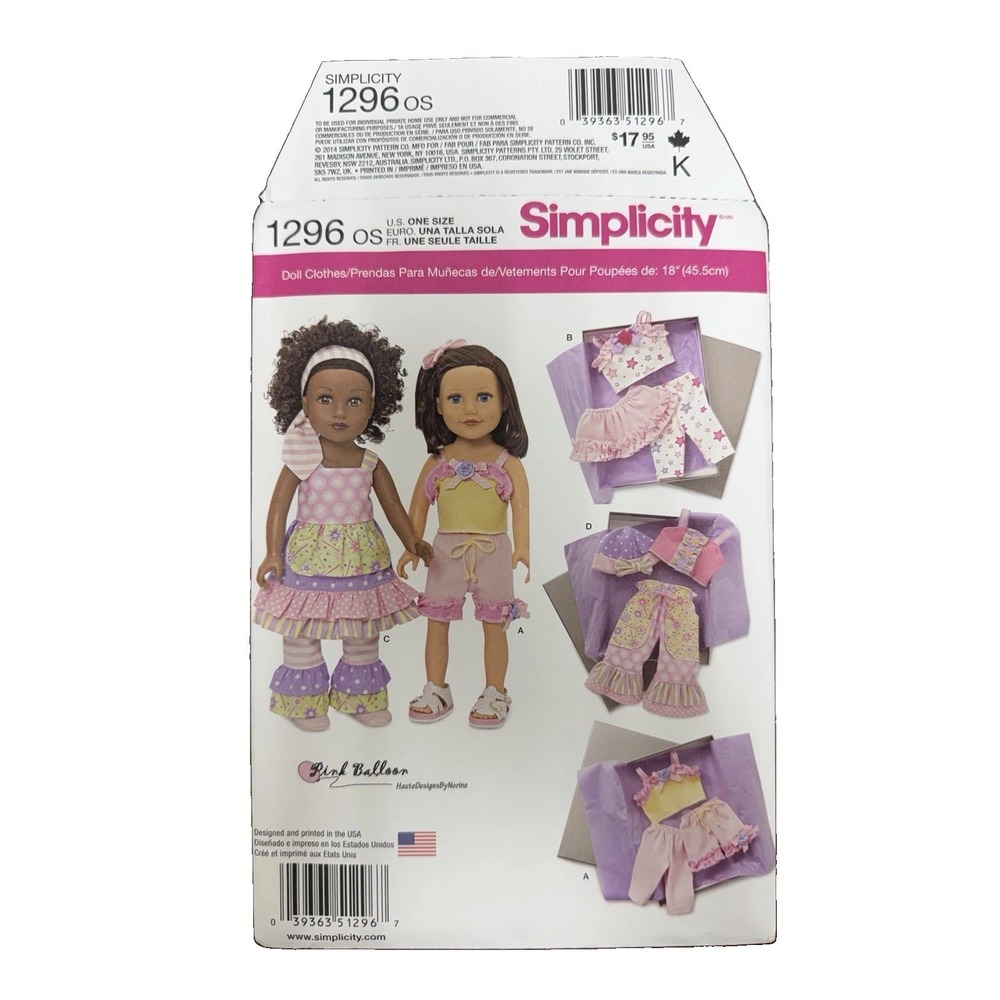 Simplicity 1296 18" Doll Clothes Sewing Pattern Pink Balloon Cut Complete